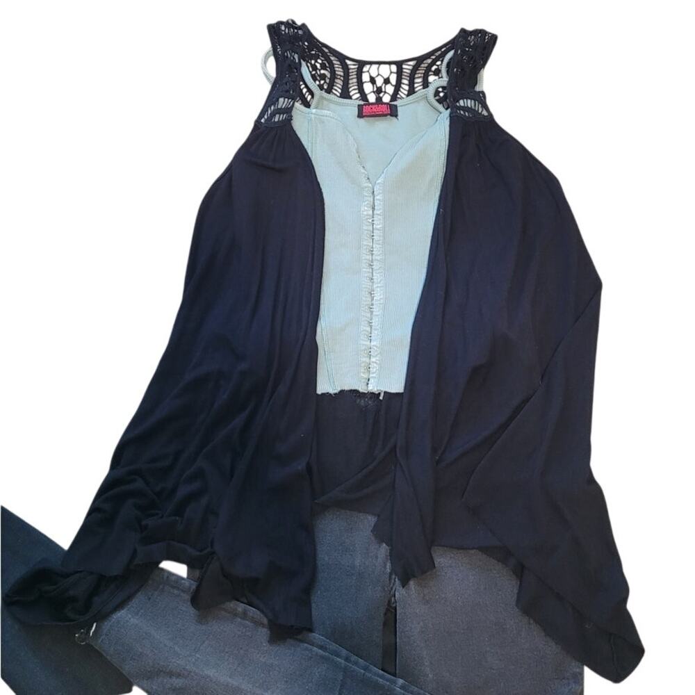 Vintage Boho Black Cotton Open Weave Crochet Lace Tunic Festival Vest M